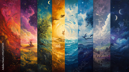 The creation story illustrated with vibrant images of the world being formed in seven days, each day a different scene. Aureole. Illustration