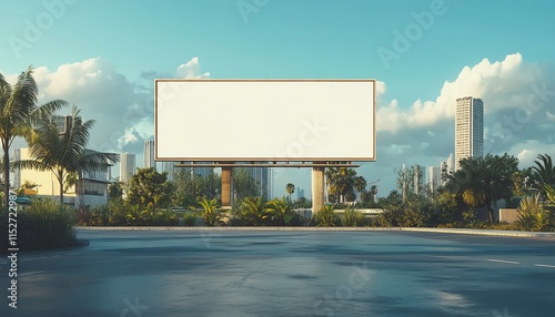 Blank white outdoor billboard, blue sky background, space for promotional messages and marketing content, realistic mockup design photo