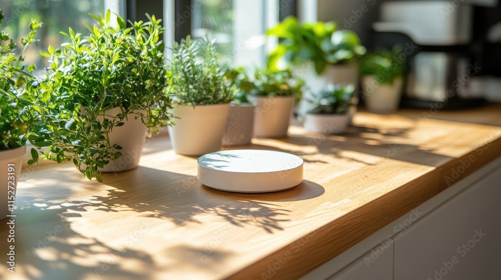 A bright kitchen scene featuring potted plants on a wooden countertop. A bright kitchen scene featuring potted plants on a wooden countertop.