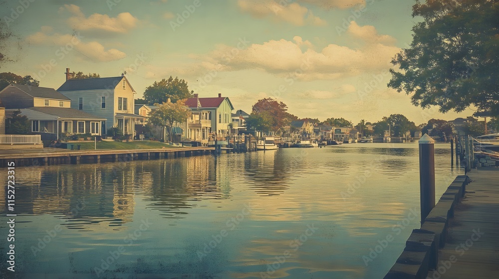Naklejka premium Waterfront Homes Peaceful Canal Scene