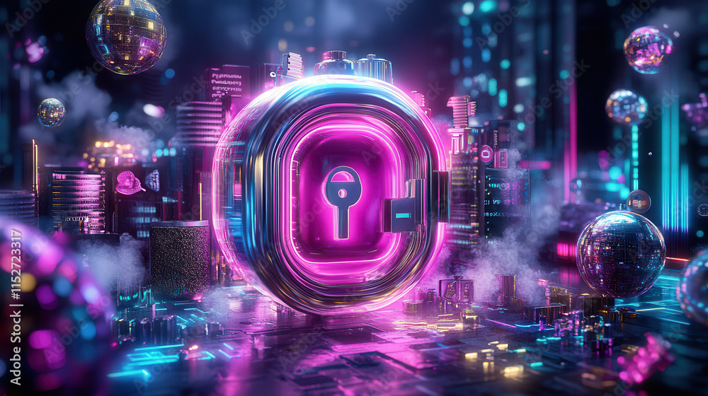 Obraz premium glowing password manager app visualized as secure lock in vibrant digital cityscape, symbolizing safety and technology