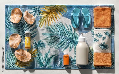 Flat lay of tropical travel items on a white background, sandals, beach towel, and sunscreen, copy space included, summer vibes, lifelike rendering photo