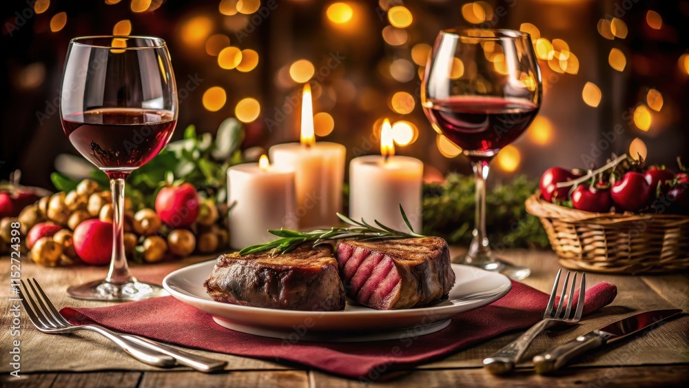 Intimate dinner for two with steaks and wine on a formal tablecloth, candlelight ambiance Intimate dinner for two with steaks and wine on a formal tablecloth, candlelight ambiance