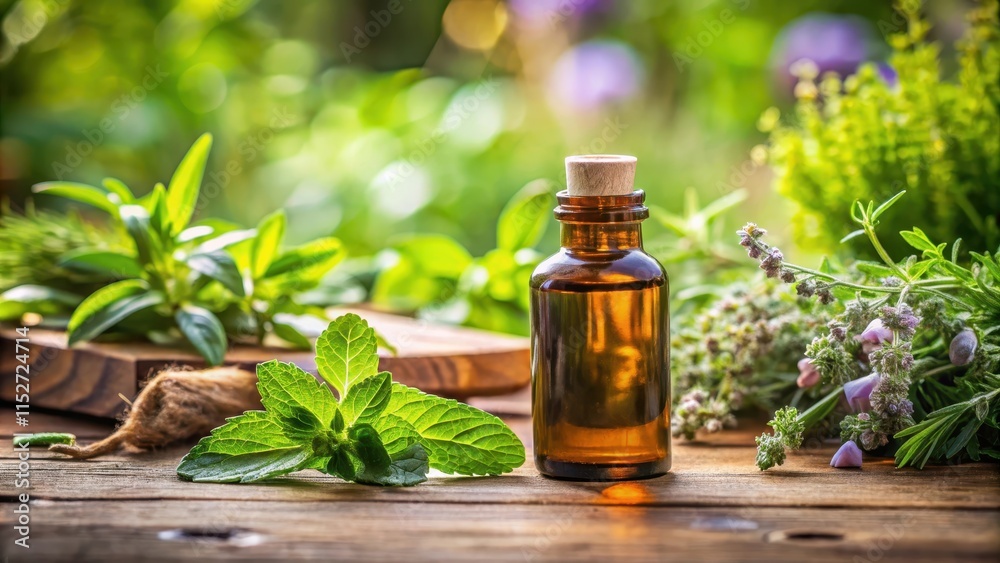Aromatic bottle sitting on a wooden table with fresh herbs and essential oils surrounding it Aromatic bottle sitting on a wooden table with fresh herbs and essential oils surrounding it