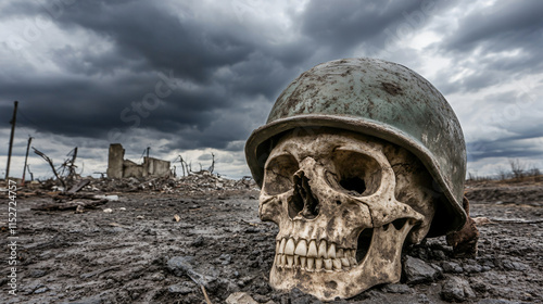 Human skull military helmet lying amidst urban wasteland ruin aftermath war destruction debris dilapidated structures haunting atmosphere kill death cruel cost decay life lost city story dark deep