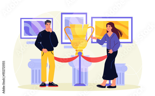 Visitors in museum. Man and woman near golden ancient vase. Art exhibition and gallery. Cultural recreation and leisure. Presentation and exhibition. Flat vector illustration