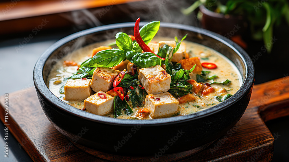 Delicious bowl of creamy soup with tofu, fresh herbs, and vibrant vegetables Delicious bowl of creamy soup with tofu, fresh herbs, and vibrant vegetables