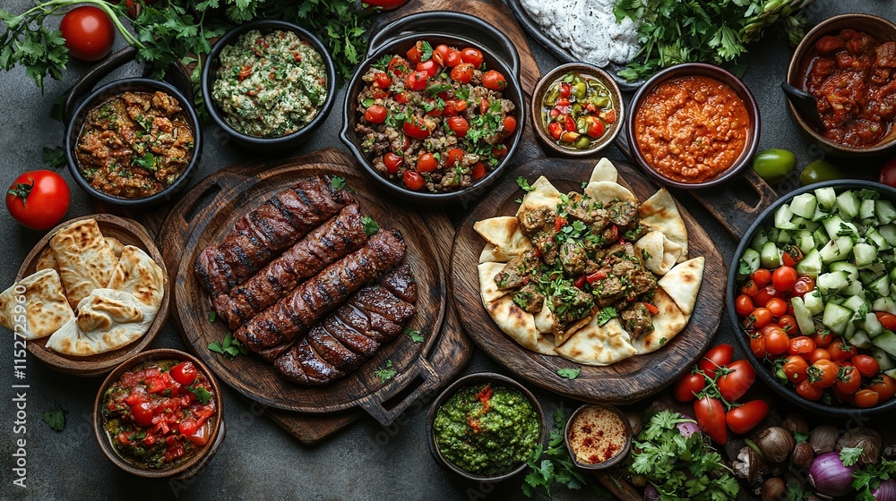 Overhead shot of a lavish spread of grilled meats, assorted dips, flatbreads, and fresh vegetables. Overhead shot of a lavish spread of grilled meats, assorted dips, flatbreads, and fresh vegetables.