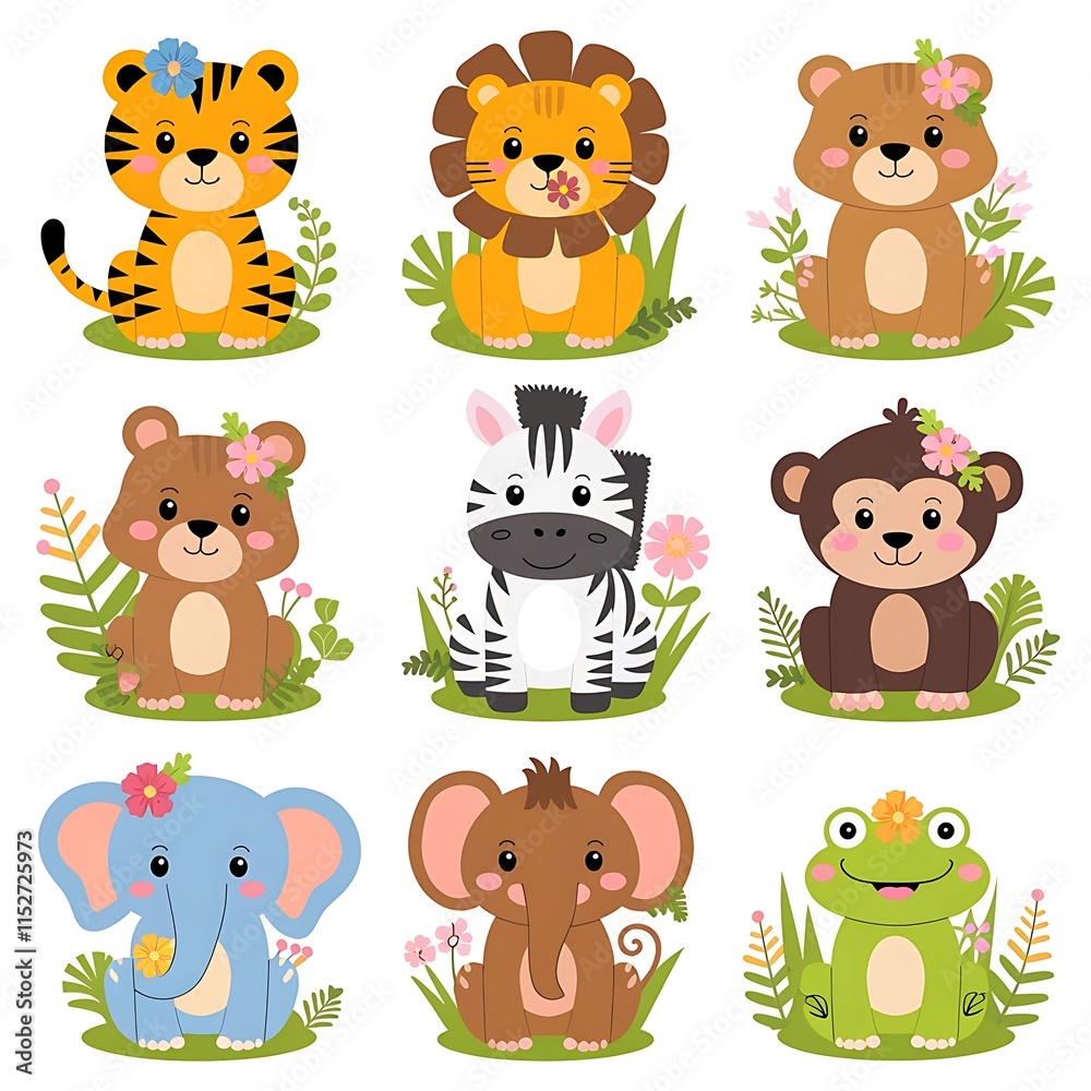 Fototapeta premium Set of ten sweet jungle animals with flowers, vibrant vector illustrations, medium eyes, white background.