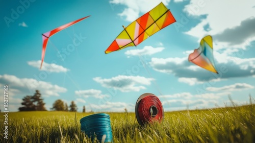 A creative kite flying field on a windy day, Kites and spools ready to be used, Whimsical outdoor style