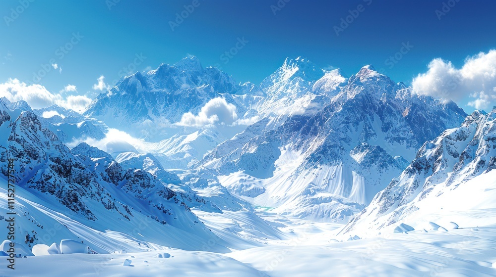 Snowy mountain range with blue skies and clouds. Snowy mountain range with blue skies and clouds.