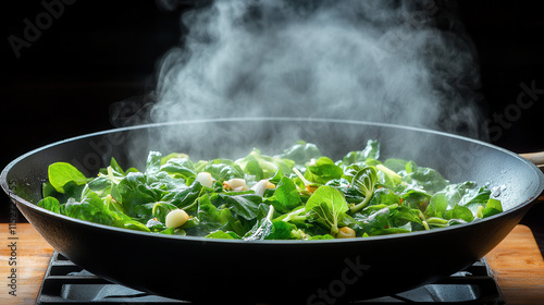 Fresh green vegetables being stir fried in hot pan, releasing steam and aroma