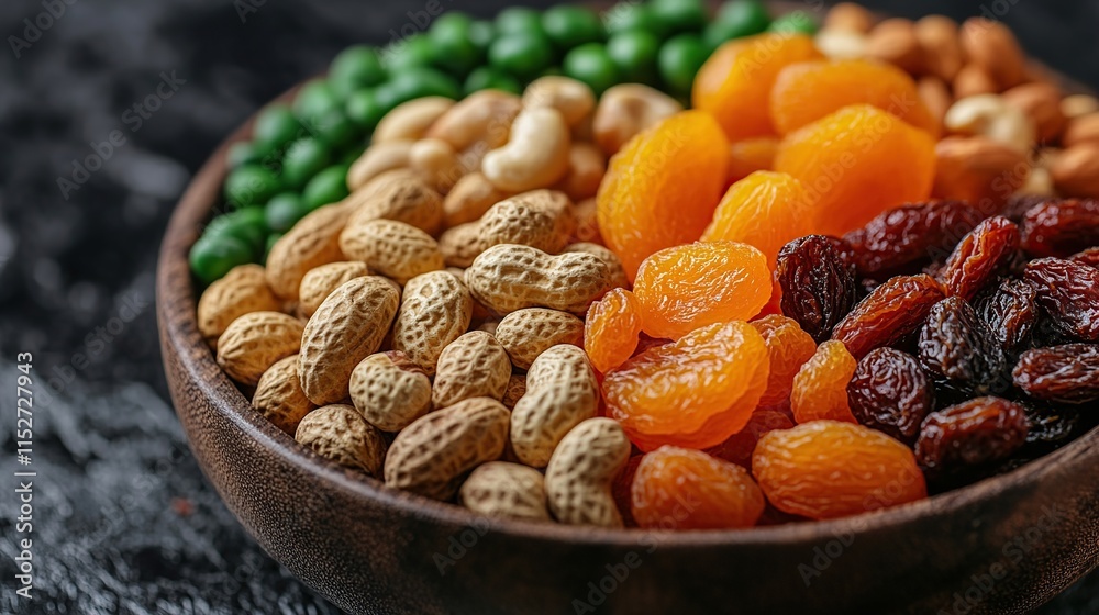 A wooden bowl filled with peanuts, cashews, dried apricots, raisins, and green peas. A wooden bowl filled with peanuts, cashews, dried apricots, raisins, and green peas.