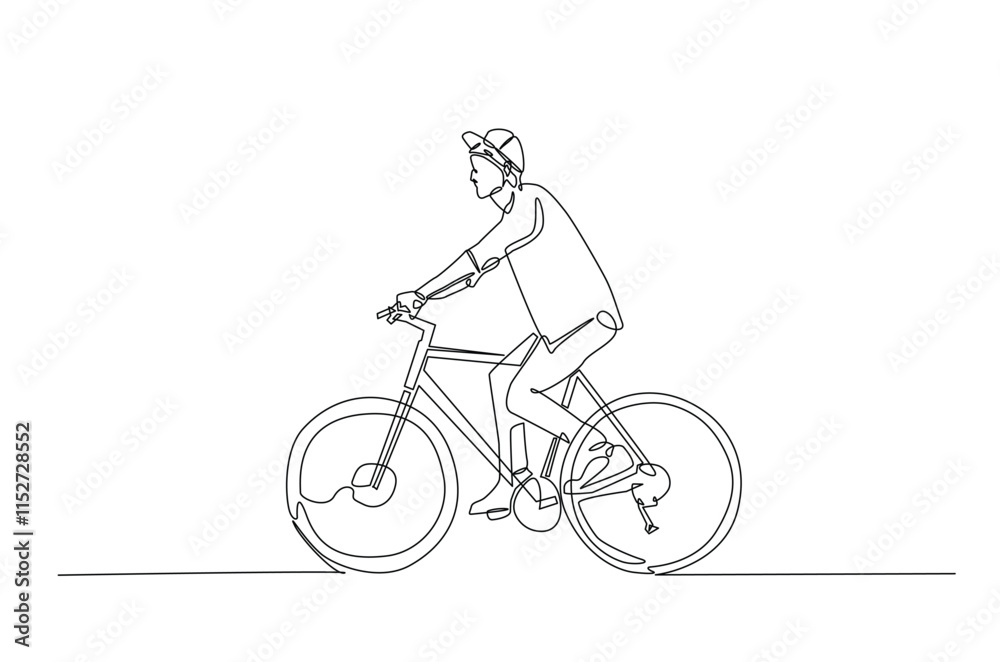 Fototapeta premium Man riding bicycle continuous one line drawing. Riding bike single line art illustration. Editable vector.