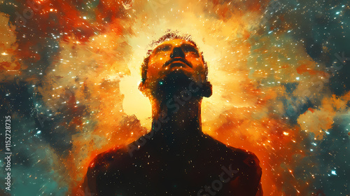 Radiant quasar surrounded by an aura of light and distant stars. Aureole. Illustration