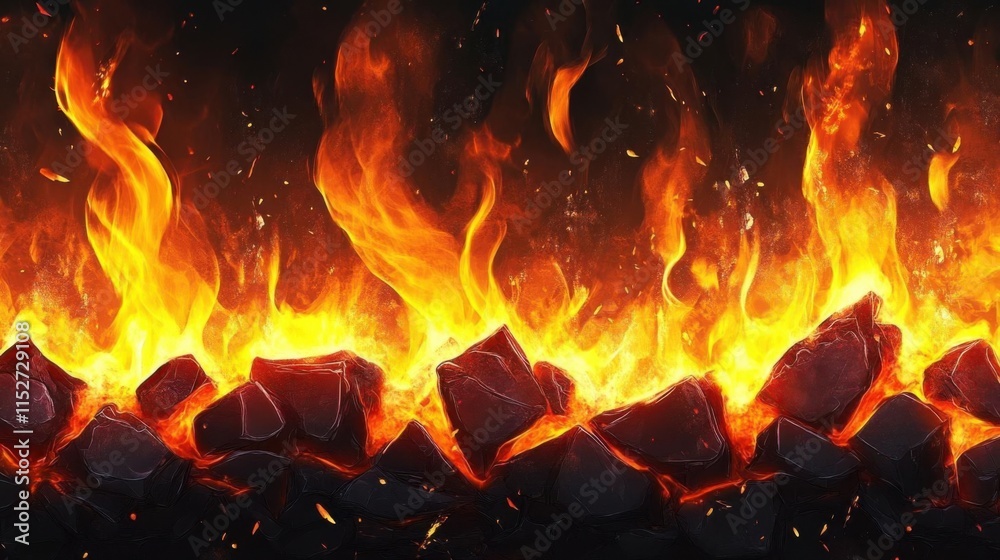 Fire Engulfs Rocks Intensely with Burning Embers and Destruction Theme. Fire Engulfs Rocks Intensely with Burning Embers and Destruction Theme.