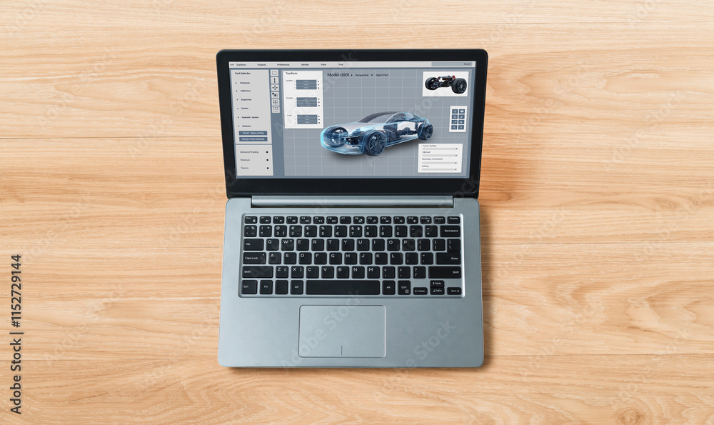 Electric car design software on computer screen showing simulation blueprint snugly by digital calculating application for manufacturing preparation Electric car design software on computer screen showing simulation blueprint snugly by digital calculating application for manufacturing preparation