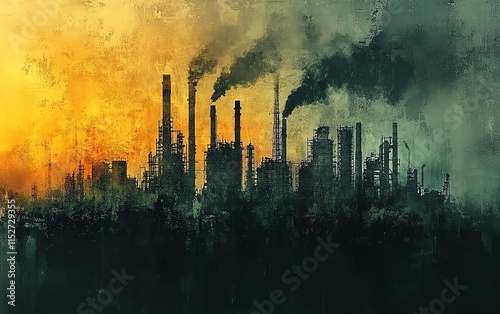 Industrial building with pollution and grime, represented in abstract art, overpowering and destroying nature s beauty in a bleak environmental scenario photo