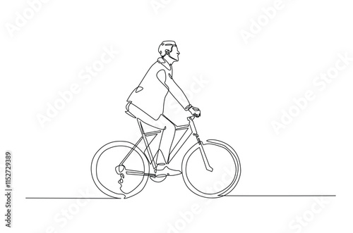 Man riding bicycle continuous one line drawing. Riding bike single line art illustration. Editable vector.