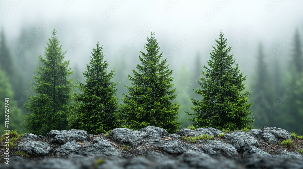 Towering evergreen trees rise behind rugged terrain of large scattered boulders creating a blurred background that contrasts with the sharp rugged texture of the rocks symbolizing stability and growth Towering evergreen trees rise behind rugged terrain of large scattered boulders creating a blurred background that contrasts with the sharp rugged texture of the rocks symbolizing stability and growth