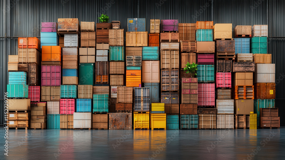 Fototapeta premium Colorful stacks of boxes in warehouse create vibrant and organized display. neat arrangement adds lively touch to industrial space