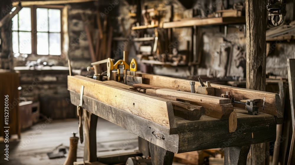 A creative woodworking bench in a rustic workshop, Carpentry tools and wood pieces neatly placed, Classic craftsmanship style A creative woodworking bench in a rustic workshop, Carpentry tools and wood pieces neatly placed, Classic craftsmanship style