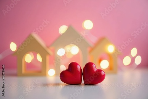 Enchanting Valentine's Day Decor: Miniature Houses and Hearts with Warm Bokeh Lights, Perfect for Romantic Home Decor or Gifts