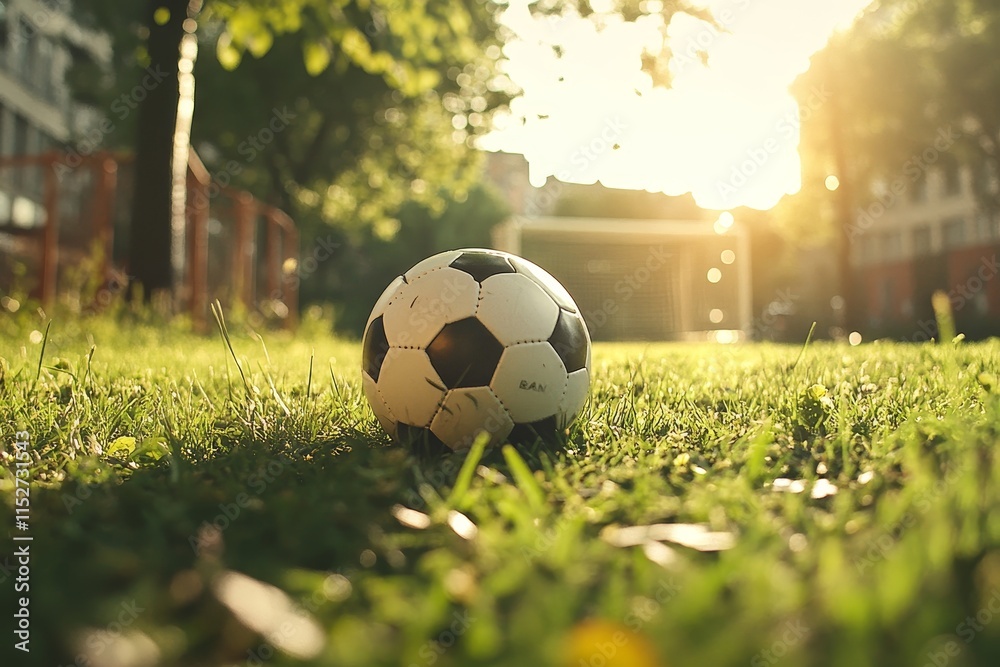 Obraz premium Soccer ball on grassy field at sunset. (1)