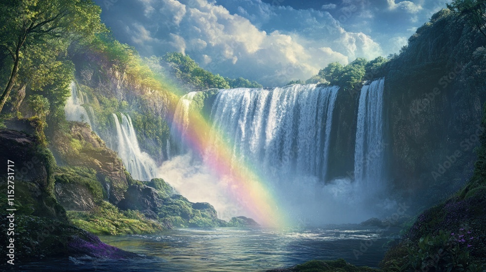 Fototapeta premium Enchanted Waterfall Landscape: A Rainbow's Embrace