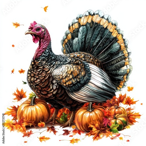 Colorful turkey with pumpkins and autumn leaves. photo