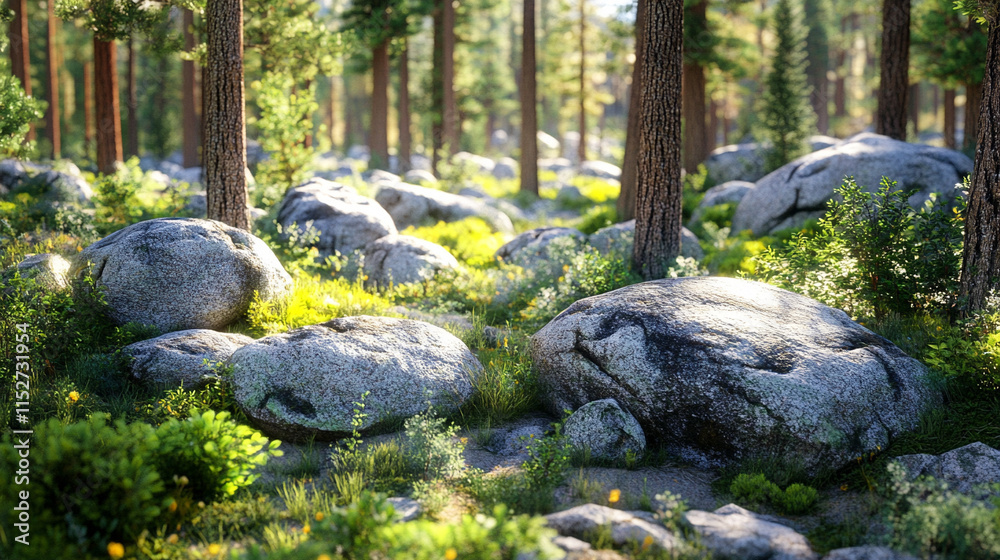 Towering evergreen trees rise behind rugged terrain of large scattered boulders creating a blurred background that contrasts with the sharp rugged texture of the rocks symbolizing stability and growth Towering evergreen trees rise behind rugged terrain of large scattered boulders creating a blurred background that contrasts with the sharp rugged texture of the rocks symbolizing stability and growth
