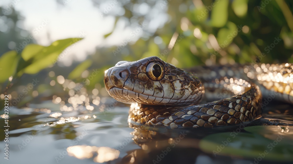 Serpentine Sunrise: A Snake's Aquatic Gaze Serpentine Sunrise: A Snake's Aquatic Gaze