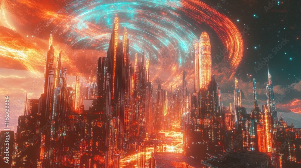 Fototapeta premium Futuristic Cityscape under a Celestial Vortex: A Digital Painting