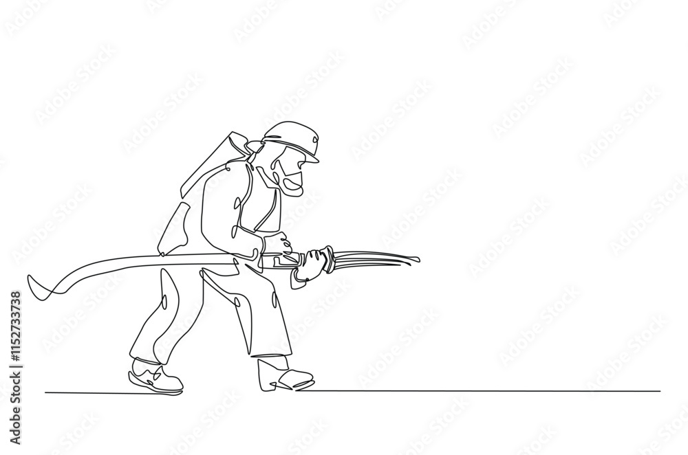 Firefighter continuous one line drawing. Firefigther single line art illustration for international firefighter day. Editable vector. Firefighter continuous one line drawing. Firefigther single line art illustration for international firefighter day. Editable vector.