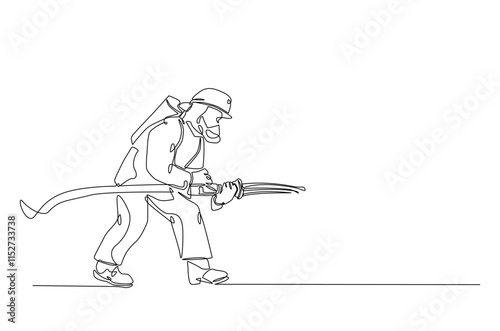 Firefighter continuous one line drawing. Firefigther single line art illustration for international firefighter day. Editable vector.