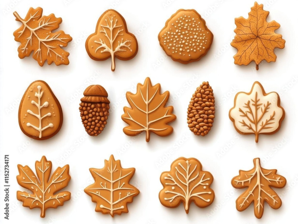 Fototapeta premium Autumn Leaves and Pine Cones Cookies Decorated with Icing