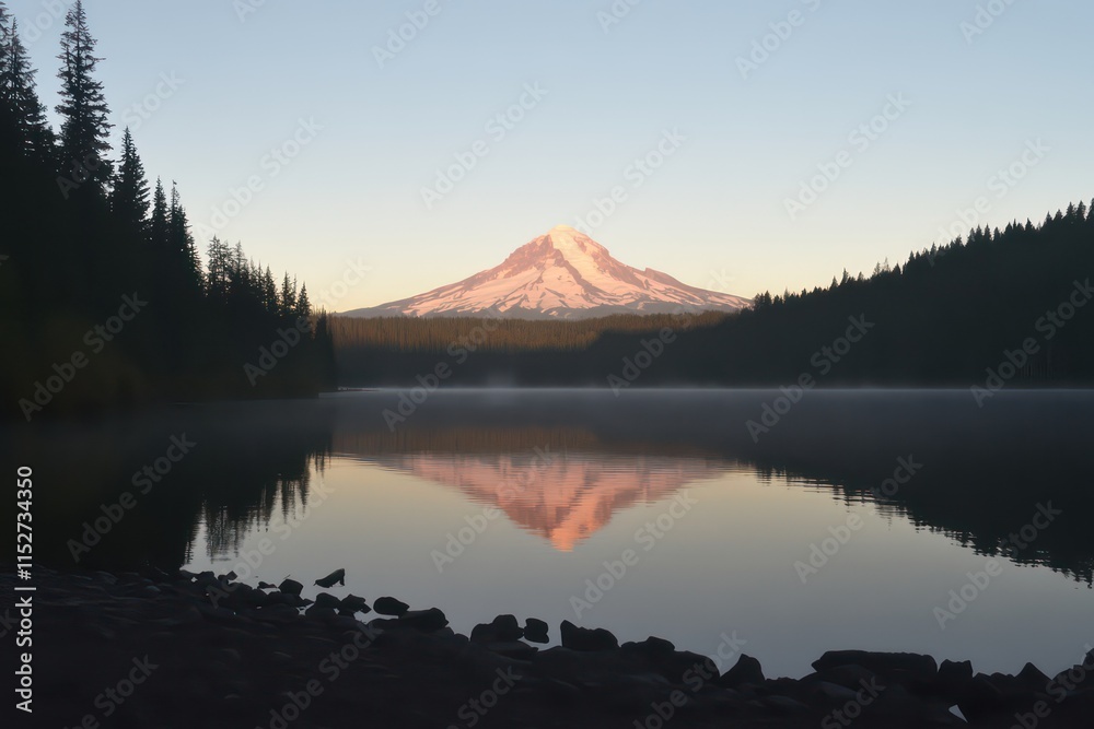 Fototapeta premium A breathtaking view of Mt. Hood reflected in the still waters of Trillium Lake at sunrise, with golden and pink hues lighting up the sky.