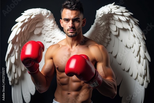 Unleash Your Inner Warrior: Shirtless Man with White Angel Wings and Red Boxing Gloves Ready for Action - Perfect for Motivational Posters, Gym Decor, or Inspirational Gifts