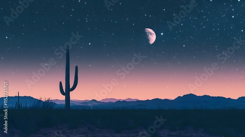 A serene desert with a single cactus silhouetted against the moon and stars photo