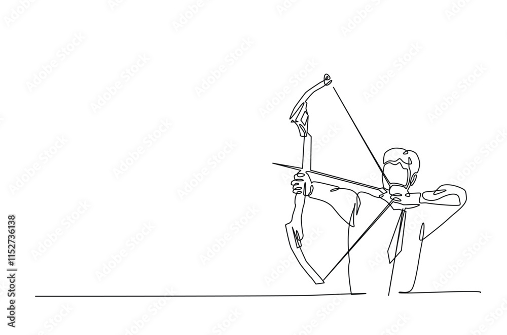 Obraz premium Archer bow athlete aiming target continuous one line drawing. Archery sport single line art illustration. Editable vector.