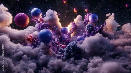 Cosmic Nebula: 3D Render of Glowing Spheres in a Purple Cloudcape AI Generated photo