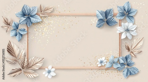 Horizontal golden rectangle with blue and tan decorative foliage ideal for sophisticated social media announcements and product promotion.