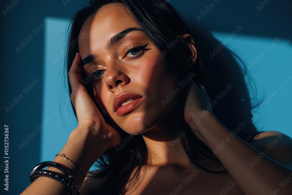 Fototapeta premium Elegant Woman in Blue Light: Perfect for Advertising, Fashion, and Beauty Product Promotion