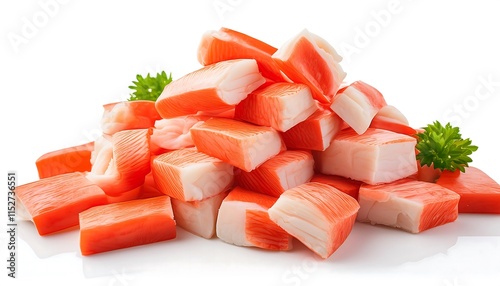 A pile of sliced imitation crab meat is displayed on a white background