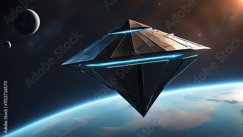 A triangular spaceship with sharp, geometric edges hovering above a glowing spherical planet.