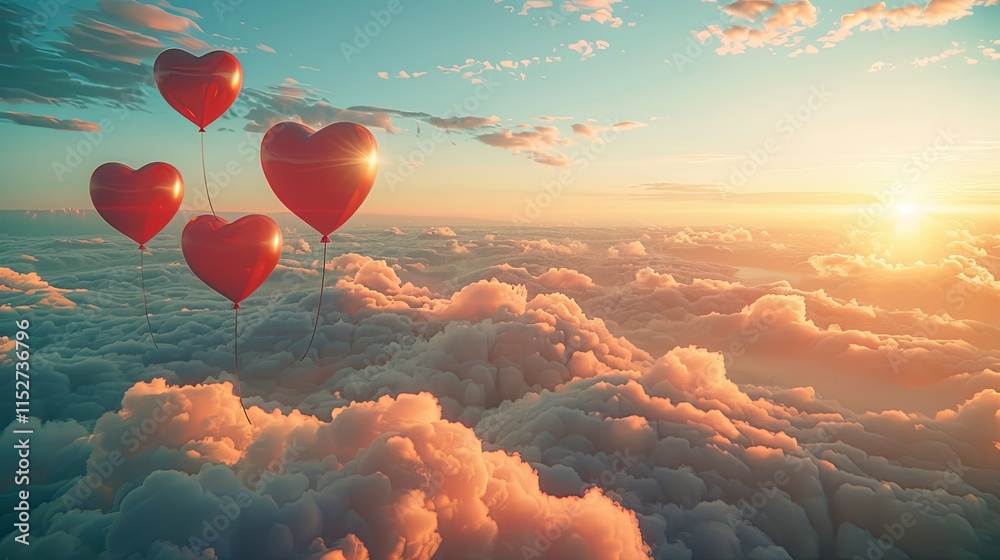Obraz premium Heart-shaped balloons ascend through a breathtaking sunset sky above fluffy clouds.
