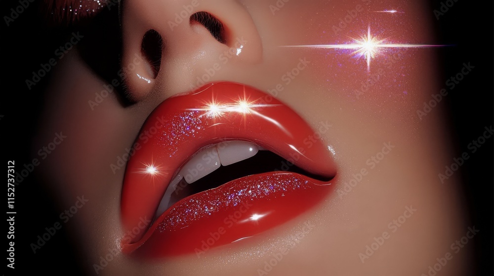 Obraz premium close up of glowy, shiny, sparkly lips with copy space.