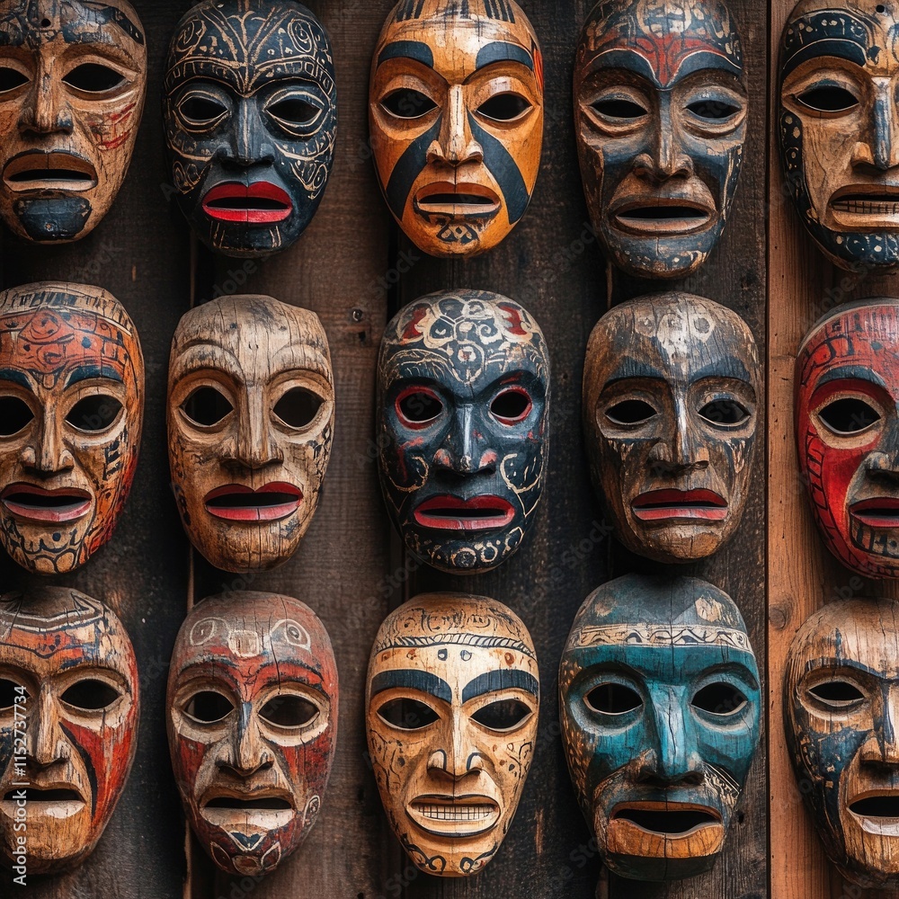 Close-up of handcrafted wooden masks with intricate carvings and painted patterns, displayed on a rustic wall Close-up of handcrafted wooden masks with intricate carvings and painted patterns, displayed on a rustic wall