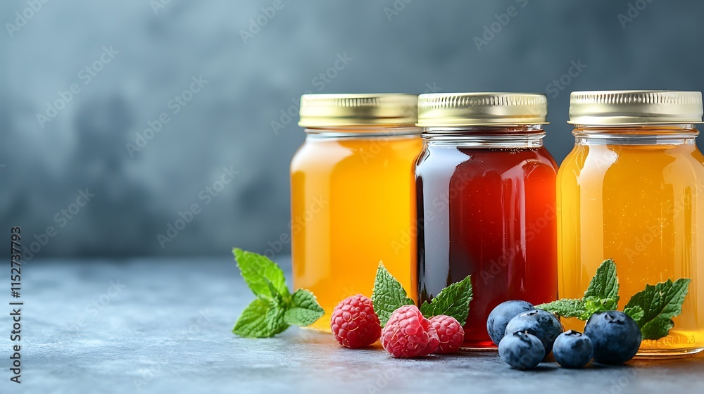Honey Jars, Raspberries, Blueberries - • Natural and Organic Foods Honey Jars, Raspberries, Blueberries - • Natural and Organic Foods