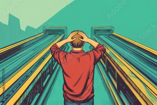 A cartoon-style depiction of a man holding his head with both hands, standing between two conveyor belts leading to opposing destinations.